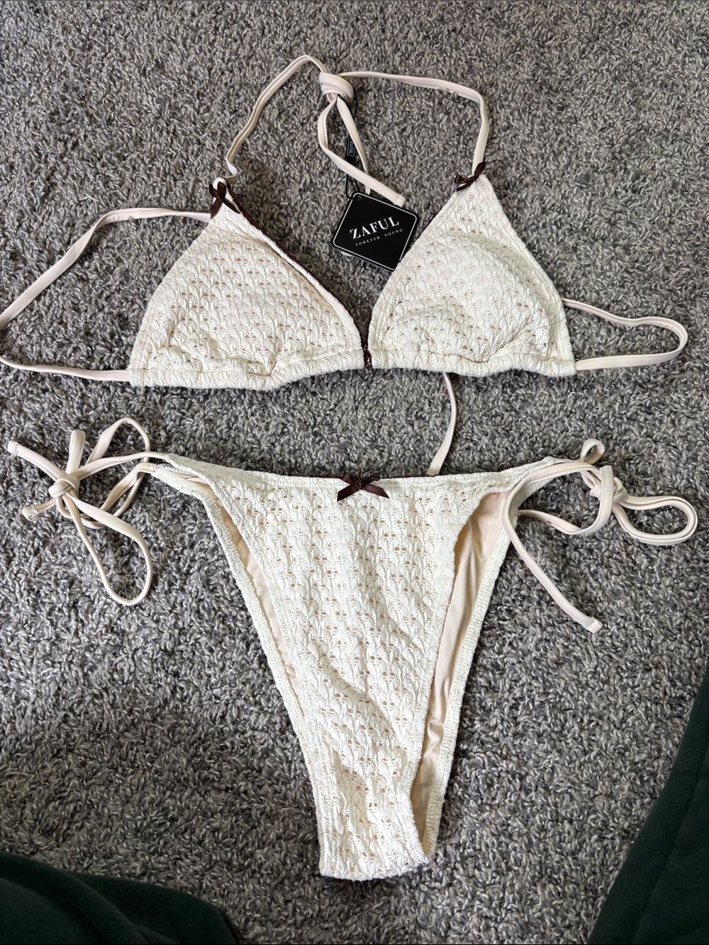 Zaful Cream Crochet Tie-Side Triangle Bikini Set